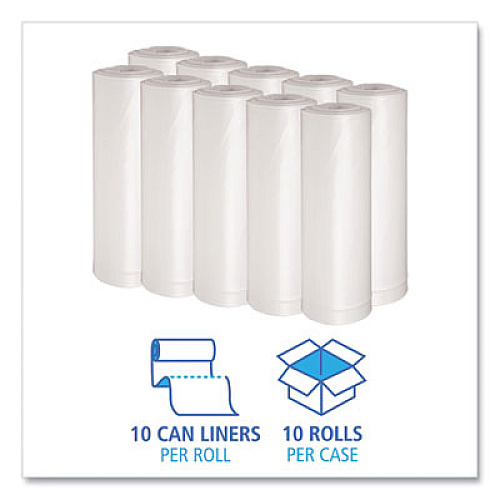 Boardwalk Recycled Low-Density Polyethylene Can Liners, 60 gal, 1.75 mil, 38" x 58", Clear, Perforated, 10 Bags/Roll, 10 Rolls/Carton (538)