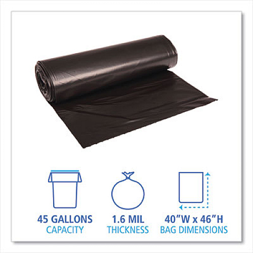 Boardwalk Recycled Low-Density Polyethylene Can Liners, 45 gal, 1.6 mil, 40" x 46", Black, Perforated, 10 Bags/Roll, 10 Rolls/Carton (521)