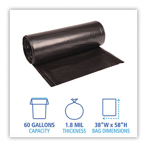 Boardwalk Recycled Low-Density Polyethylene Can Liners, 60 gal, 1.8 mil, 38" x 58", Black, Perforated, 10 Bags/Roll, 10 Rolls/Carton (526)