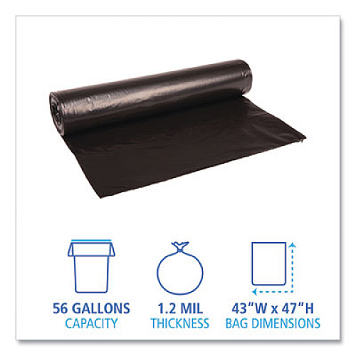 Boardwalk Recycled Low-Density Polyethylene Can Liners, 56 gal, 1.2 mil, 43" x 47", Black, Perforated, 10 Bags/Roll, 10 Rolls/Carton (518)