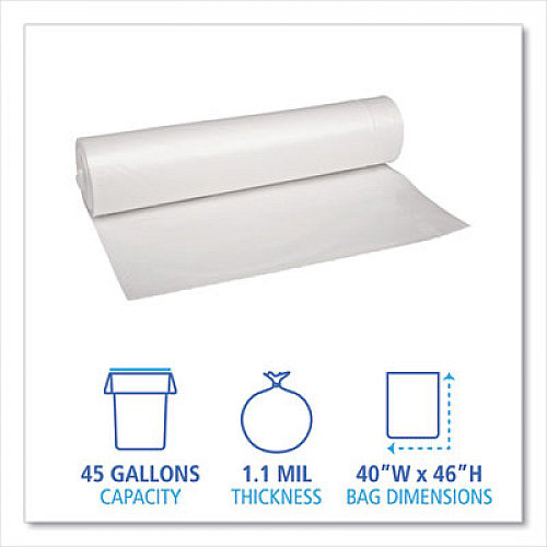 Boardwalk Recycled Low-Density Polyethylene Can Liners, 45 gal, 1.1 mil, 40" x 46", Clear, Perforated, 10 Bags/Roll, 10 Rolls/Carton (531)