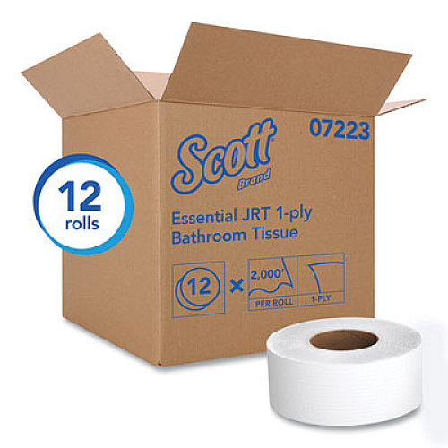 Scott Essential JRT Jumbo Roll Bathroom Tissue, Septic Safe, 1-Ply, 3.55" x 2,000 ft, White, 12 Rolls/Carton (07223)