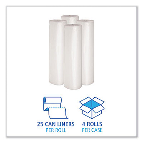 Boardwalk Recycled Low-Density Polyethylene Can Liners, 60 gal, 1.1 mil, 38" x 58", Clear, Perforated, 10 Bags/Roll, 10 Rolls/Carton (533)