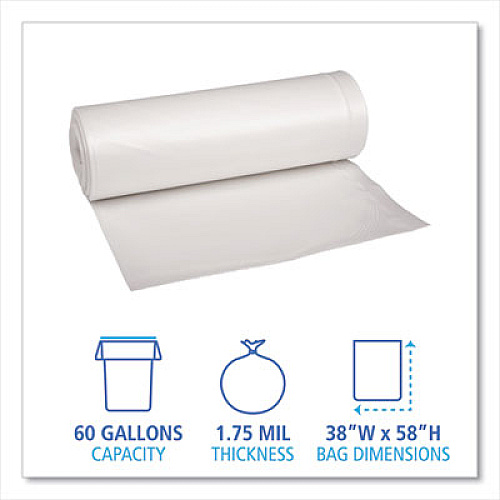 Boardwalk Recycled Low-Density Polyethylene Can Liners, 60 gal, 1.75 mil, 38" x 58", Clear, Perforated, 10 Bags/Roll, 10 Rolls/Carton (538)