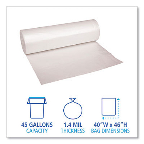 Boardwalk Recycled Low-Density Polyethylene Can Liners, 45 gal, 1.4 mil, 40" x 46", Clear, Perforated, 10 Bags/Roll, 10 Rolls/Carton (535)