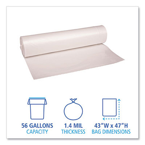 Boardwalk Recycled Low-Density Polyethylene Can Liners, 56 gal, 1.4 mil, 43" x 47", Clear, Perforated, 10 Bags/Roll, 10 Rolls/Carton (536)
