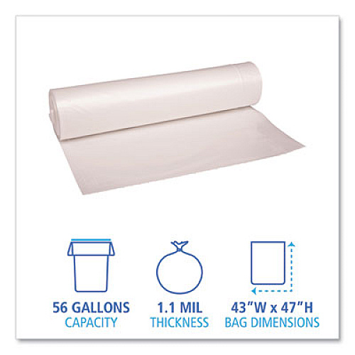 Boardwalk Recycled Low-Density Polyethylene Can Liners, 56 gal, 1.1 mil, 43" x 47", Clear, Perforated, 10 Bags/Roll, 10 Rolls/Carton (532)