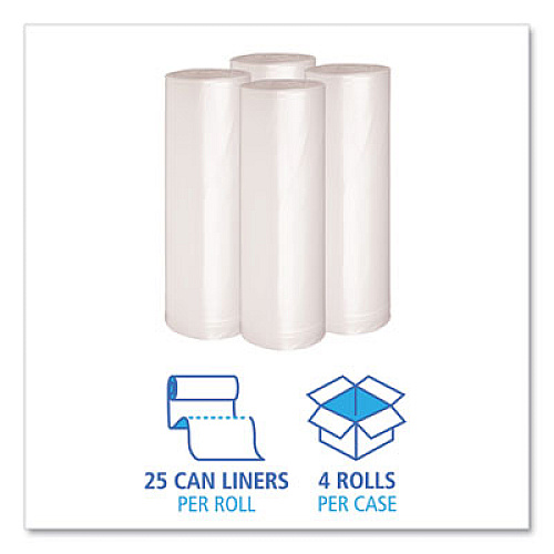 Boardwalk Recycled Low-Density Polyethylene Can Liners, 60 gal, 1.4 mil, 38" x 58", Clear, Perforated, 10 Bags/Roll, 10 Rolls/Carton (537)