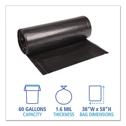 Boardwalk Recycled Low-Density Polyethylene Can Liners, 60 gal, 1.6 mil, 38" x 58", Black, Perforated, 10 Bags/Roll, 10 Rolls/Carton (523)
