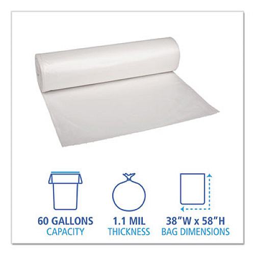Boardwalk Recycled Low-Density Polyethylene Can Liners, 60 gal, 1.1 mil, 38" x 58", Clear, Perforated, 10 Bags/Roll, 10 Rolls/Carton (533)