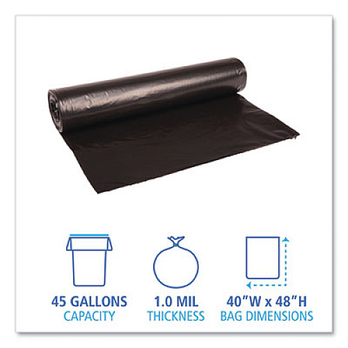 Boardwalk Recycled Low-Density Polyethylene Can Liners, 45 gal, 0.8 mil, 40" x 48", Black, Perforated, 10 Bags/Roll, 10 Rolls/Carton (527)