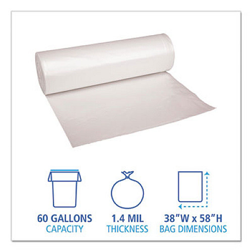 Boardwalk Recycled Low-Density Polyethylene Can Liners, 60 gal, 1.4 mil, 38" x 58", Clear, Perforated, 10 Bags/Roll, 10 Rolls/Carton (537)