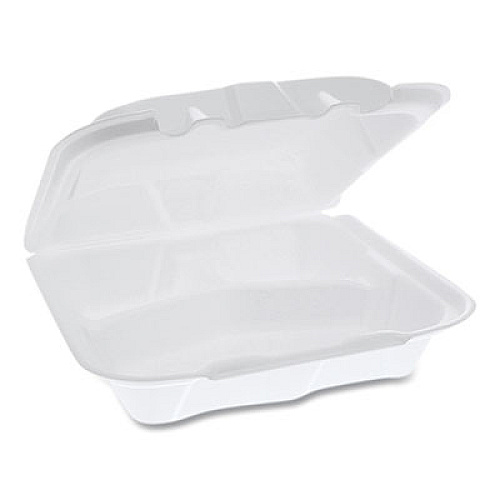 Pactiv Evergreen Vented Foam Hinged Lid Container, Dual Tab Lock, 3 Compartments, 8.4 x 8 x 3, White, 150/Carton (YTD188030000)