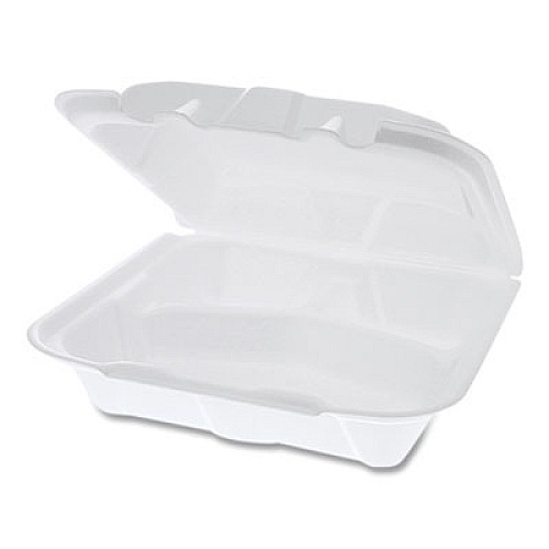 Pactiv Evergreen Vented Foam Hinged Lid Container, Dual Tab Lock, 3 Compartments, 8.4 x 8 x 3, White, 150/Carton (YTD188030000)