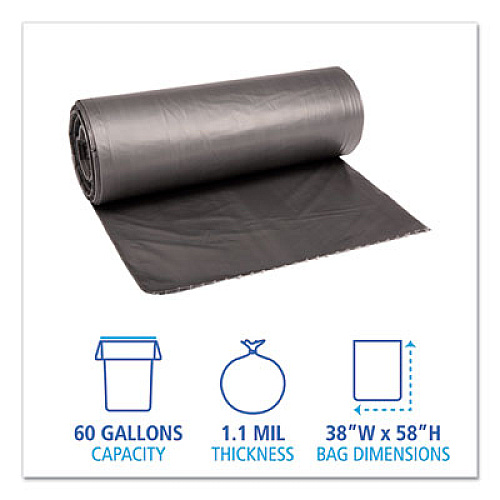 Boardwalk Low-Density Waste Can Liners, 60 gal, 1.1 mil, 38" x 58", Gray, Perforated Roll, 20 Bags/Roll, 5 Rolls/Carton (3858SEH)