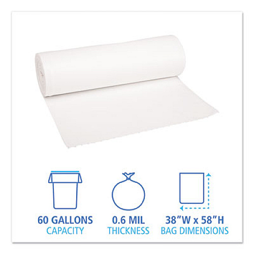 Boardwalk Low-Density Waste Can Liners, 60 gal, 0.6 mil, 38" x 58", White, Perforated Roll, 25 Bags/Roll, 4 Rolls/Carton (3858EXH)