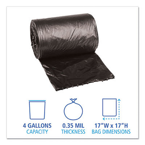 Boardwalk Low-Density Waste Can Liners, 4 gal, 0.35 mil, 17" x 17", Black, Perforated Roll, 50 Bags/Roll, 20 Rolls/Carton (1717L)