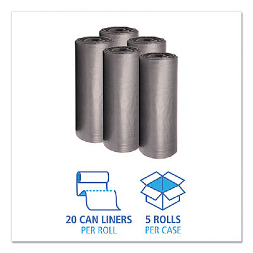Boardwalk Low-Density Waste Can Liners, 60 gal, 1.1 mil, 38" x 58", Gray, Perforated Roll, 20 Bags/Roll, 5 Rolls/Carton (3858SEH)