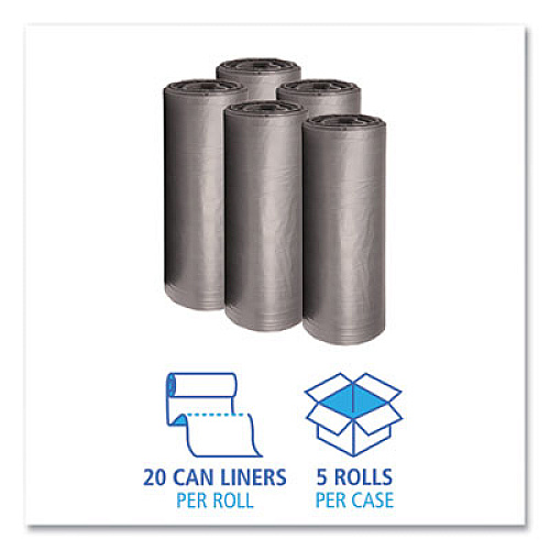 Boardwalk Low-Density Waste Can Liners, 56 gal, 1.1 mil, 43" x 47", Gray, Perforated Roll, 20 Bags/Roll, 5 Rolls/Carton (4347SEH)