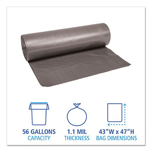 Boardwalk Low-Density Waste Can Liners, 56 gal, 1.1 mil, 43" x 47", Gray, Perforated Roll, 20 Bags/Roll, 5 Rolls/Carton (4347SEH)