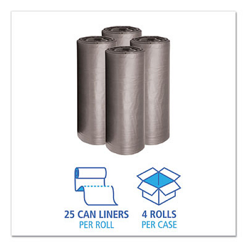 Boardwalk Low-Density Waste Can Liners, 60 gal, 0.95 mil, 38" x 58", Gray, Perforated Roll, 25 Bags/Roll, 4 Rolls/Carton (528)