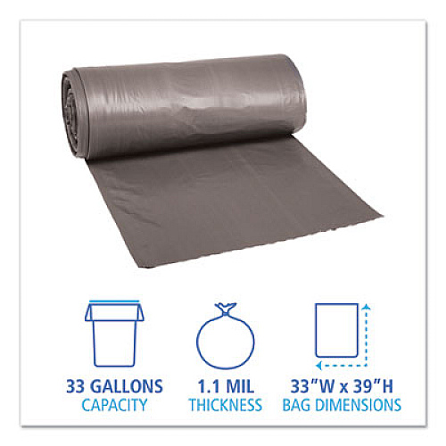 Boardwalk Low-Density Waste Can Liners, 33 gal, 1.1 mil, 33" x 39", Gray, Perforated Roll, 25 Bags/Roll, 4 Rolls/Carton (3339SEH)
