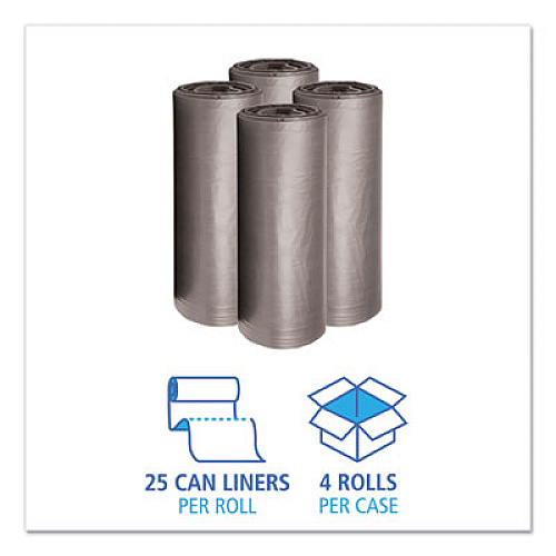 Boardwalk Low-Density Waste Can Liners, 45 gal, 0.95 mil, 40" x 46", Gray, Perforated Roll, 25 Bags/Roll, 4 Rolls/Carton (4046SH)