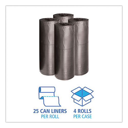 Boardwalk Low-Density Waste Can Liners, 60 gal, 0.65 mil, 38" x 58", Black, Perforated Roll, 25 Bags/Roll, 4 Rolls/Carton (3858H)