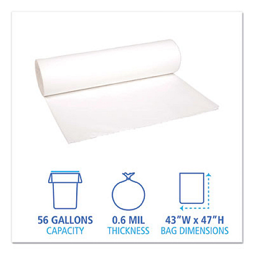 Boardwalk Low-Density Waste Can Liners, 56 gal, 0.6 mil, 43" x 47", White, Perforated Roll, 25 Bags/Roll, 4 Rolls/Carton (4347EXH)