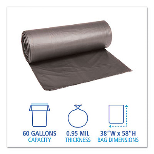 Boardwalk Low-Density Waste Can Liners, 60 gal, 0.95 mil, 38" x 58", Gray, Perforated Roll, 25 Bags/Roll, 4 Rolls/Carton (528)