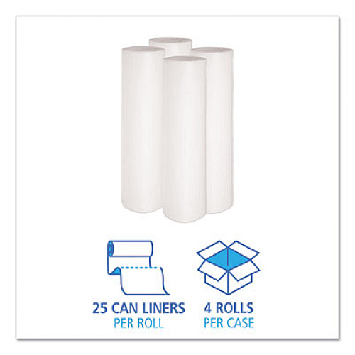 Boardwalk Low-Density Waste Can Liners, 56 gal, 0.6 mil, 43" x 47", White, Perforated Roll, 25 Bags/Roll, 4 Rolls/Carton (4347EXH)