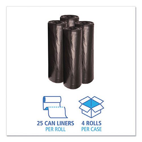 Boardwalk Low-Density Waste Can Liners, 56 gal, 0.6 mil, 43" x 47", Black, Perforated Roll, 25 Bags/Roll, 4 Rolls/Carton (4347H)