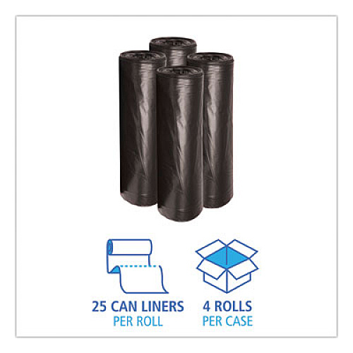 Boardwalk Low-Density Waste Can Liners, 45 gal, 0.6 mil, 40" x 46", Black, Perforated Roll, 25 Bags/Roll, 4 Rolls/Carton (4046H)