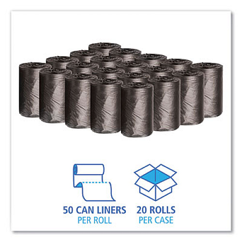 Boardwalk Low-Density Waste Can Liners, 4 gal, 0.35 mil, 17" x 17", Black, Perforated Roll, 50 Bags/Roll, 20 Rolls/Carton (1717L)