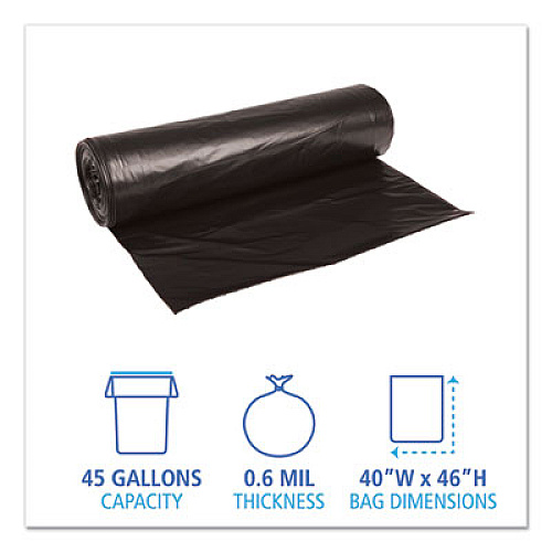 Boardwalk Low-Density Waste Can Liners, 45 gal, 0.6 mil, 40" x 46", Black, Perforated Roll, 25 Bags/Roll, 4 Rolls/Carton (4046H)