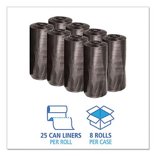 Boardwalk Low-Density Waste Can Liners, 33 gal, 0.5 mil, 33" x 39", Black, Perforated Roll, 25 Bags/Roll, 8 Rolls/Carton (3339H)