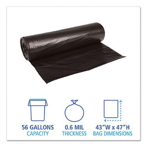 Boardwalk Low-Density Waste Can Liners, 56 gal, 0.6 mil, 43" x 47", Black, Perforated Roll, 25 Bags/Roll, 4 Rolls/Carton (4347H)
