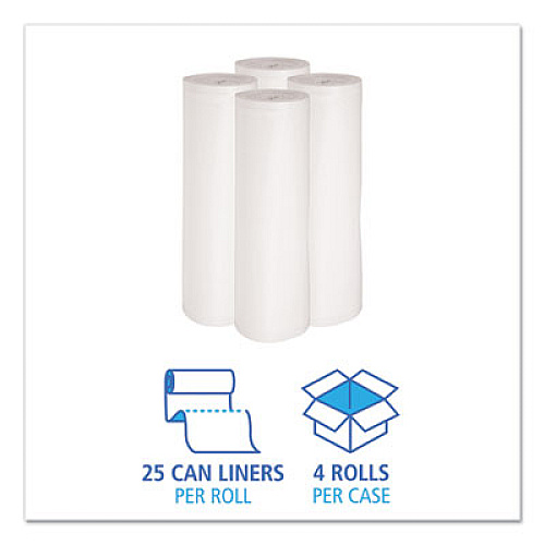 Boardwalk Low-Density Waste Can Liners, 60 gal, 0.6 mil, 38" x 58", White, Perforated Roll, 25 Bags/Roll, 4 Rolls/Carton (3858EXH)