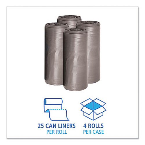 Boardwalk Low-Density Waste Can Liners, 33 gal, 1.1 mil, 33" x 39", Gray, Perforated Roll, 25 Bags/Roll, 4 Rolls/Carton (3339SEH)