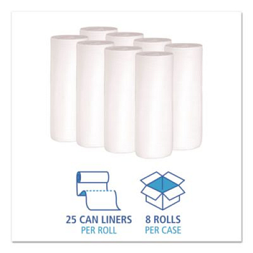 Boardwalk Low-Density Waste Can Liners, 30 gal, 0.6 mil, 30" x 36", White, Perforated Roll, 25 Bags/Roll, 8 Rolls/Carton (3036EXH)