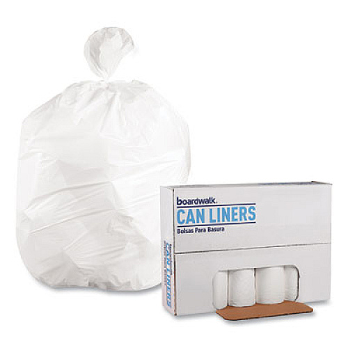 Boardwalk Low-Density Waste Can Liners, 56 gal, 0.6 mil, 43" x 47", White, Perforated Roll, 25 Bags/Roll, 4 Rolls/Carton (4347EXH)