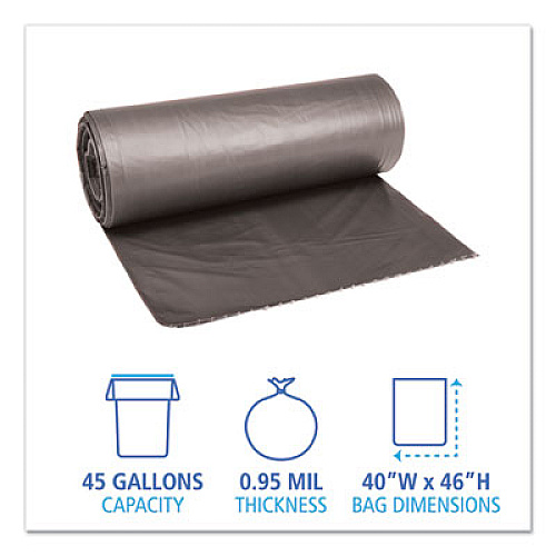 Boardwalk Low-Density Waste Can Liners, 45 gal, 0.95 mil, 40" x 46", Gray, Perforated Roll, 25 Bags/Roll, 4 Rolls/Carton (4046SH)