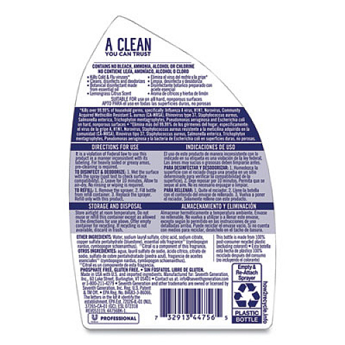 Seventh Generation Professional Disinfecting Bathroom Cleaner, Lemongrass Citrus, 32 oz Spray Bottle (44756EA)