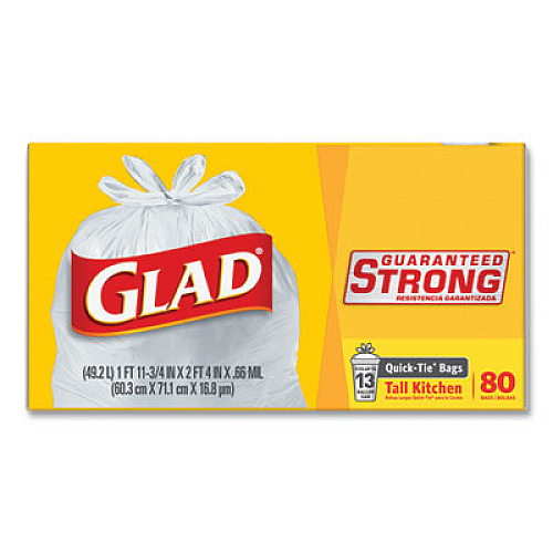 Glad Tall Kitchen Quick-Tie Bags, 13 gal, 0.66 mil, 23.75" x 28", White, 80/Box (60034BX)