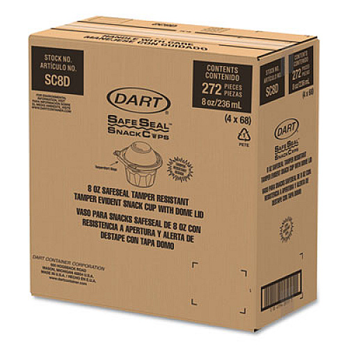 Dart ClearPac SafeSeal Tamper-Resistant, Tamper-Evident Containers, Snack Cup, Domed Lid, 8 oz, Clear, Plastic, 272/Carton (SC8D)