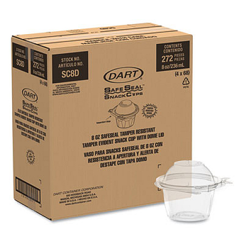 Dart ClearPac SafeSeal Tamper-Resistant, Tamper-Evident Containers, Snack Cup, Domed Lid, 8 oz, Clear, Plastic, 272/Carton (SC8D)