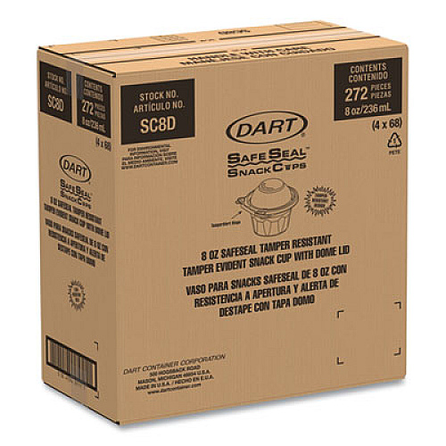 Dart ClearPac SafeSeal Tamper-Resistant, Tamper-Evident Containers, Snack Cup, Domed Lid, 8 oz, Clear, Plastic, 272/Carton (SC8D)