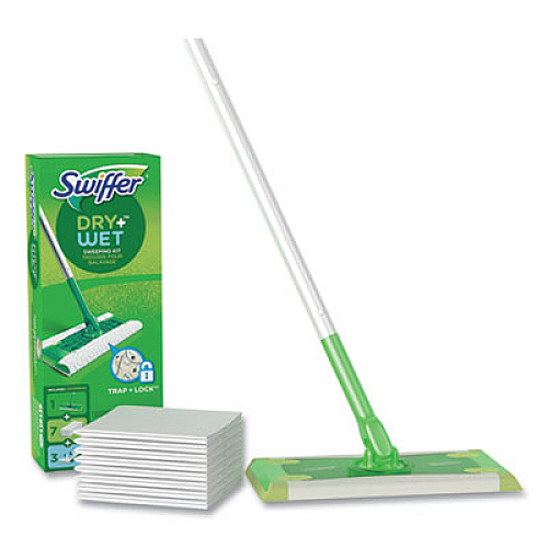 Swiffer Sweeper Mop, 10 x 4.8 White Cloth Head, 46" Green/Silver Aluminum/Plastic Handle, 6/Carton (92815CT)