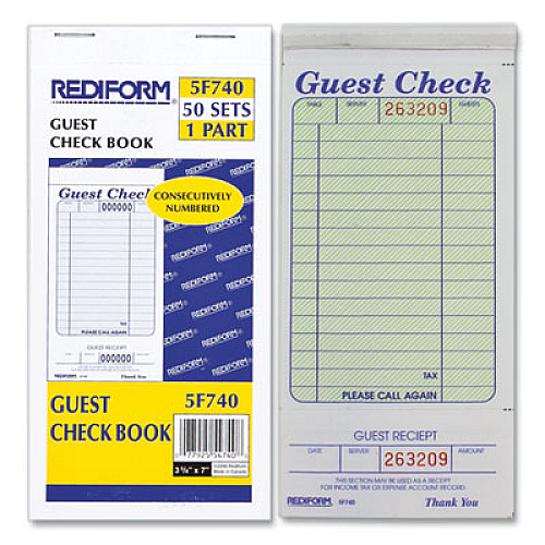 Rediform Guest Check Book, 3.38 x 6.5, 1/Page, Tear-Off at Bottom, 50 Forms (5F740)