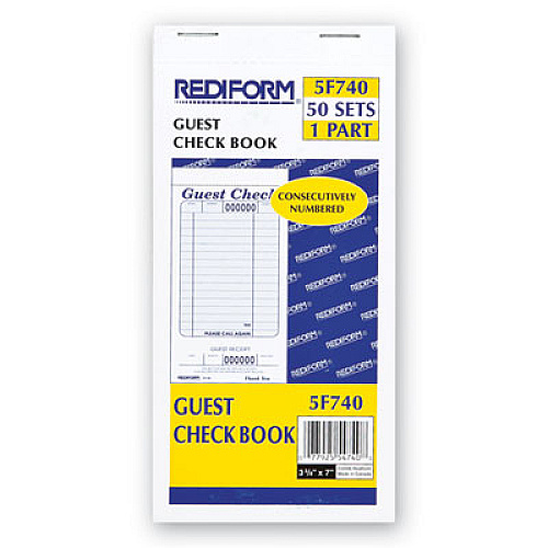 Rediform Guest Check Book, 3.38 x 6.5, 1/Page, Tear-Off at Bottom, 50 Forms (5F740)